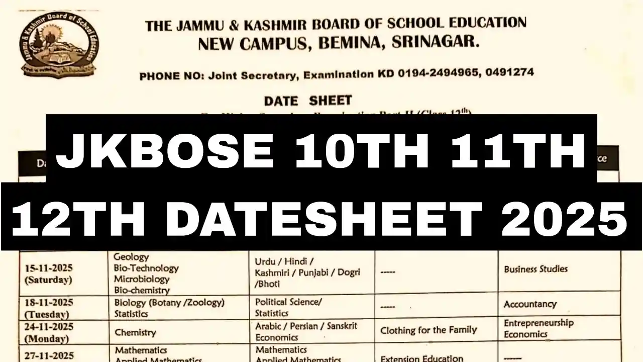 JKBOSE 10TH 11TH 12TH DATESHEET 2025