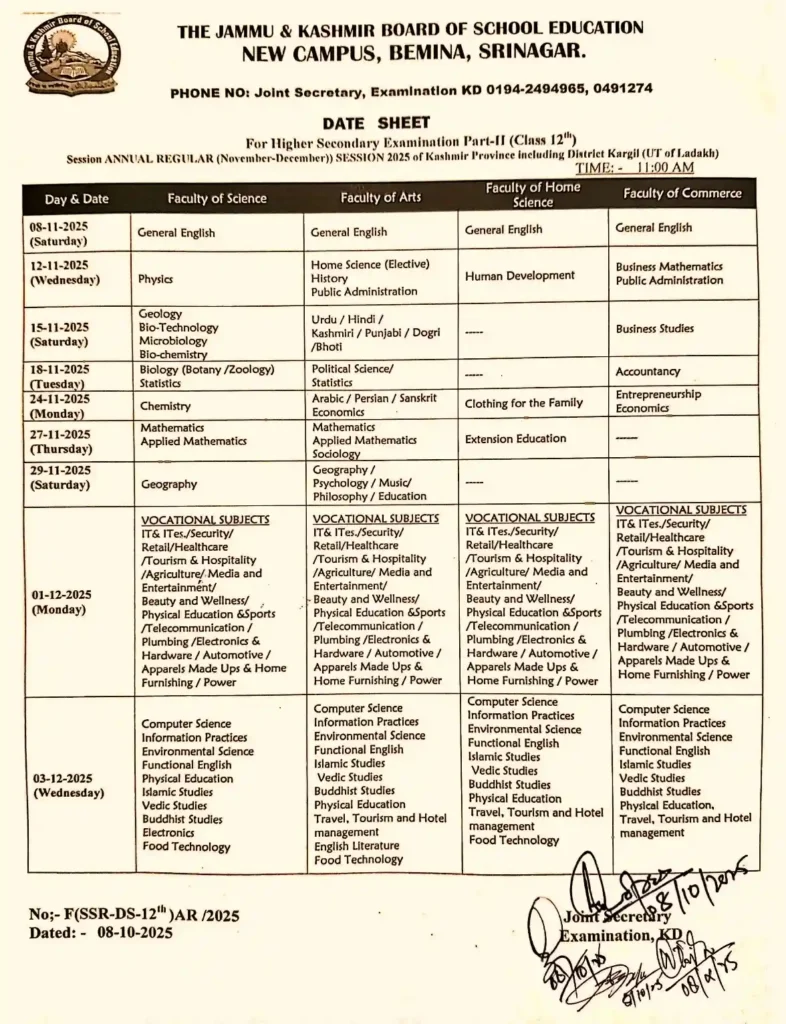 JKBOSE 12TH DATESHEET 2025