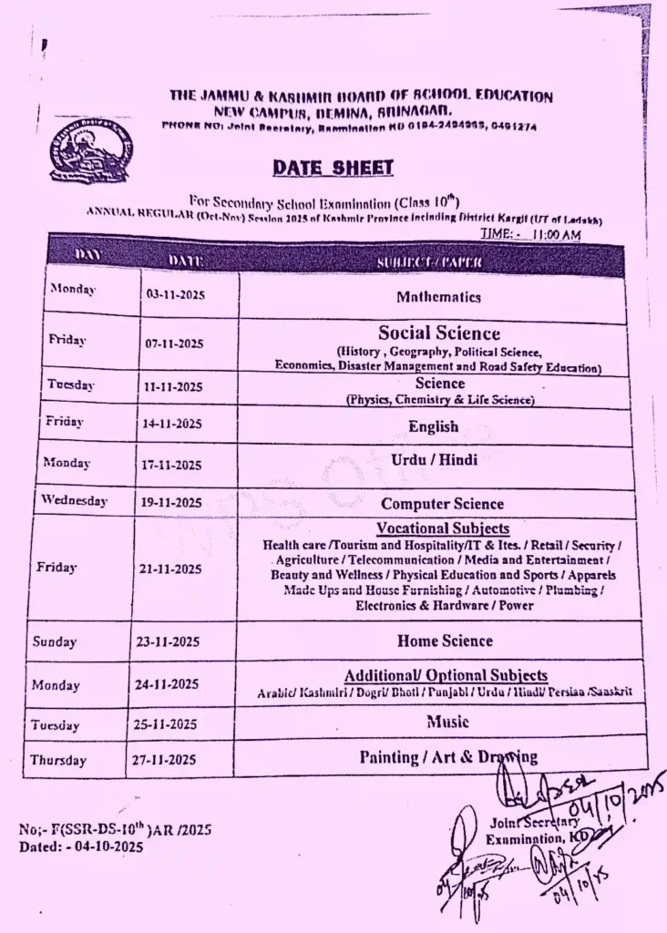JKBOSE CLASS 10TH DATESHEET 2025