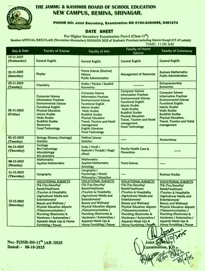JKBOSE CLASS 11TH DATESHEET 2025